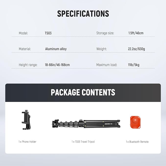 NEEWER Basic Phone Tripod for iPhone & Camera w/Remote & Phone Holder, 66" Metal Selfie Stick Travel Vlog Cell Phone Stand, Portable Camera Cellphone Holder Mount for Video Recording Filming, TS03