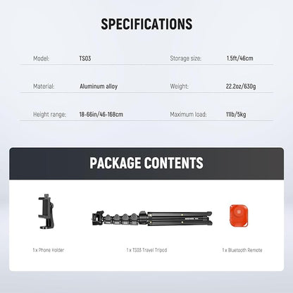 NEEWER Basic Phone Tripod for iPhone & Camera w/Remote & Phone Holder, 66" Metal Selfie Stick Travel Vlog Cell Phone Stand, Portable Camera Cellphone Holder Mount for Video Recording Filming, TS03