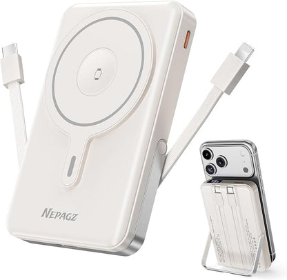 for Magsafe Portable Charger, 10000mAh Power Bank, Creamy White | PD 22.5W Fast Charging with USB-C Cable, Foldable Stand, Magnetic Wireless Charger for iPhone 17/16/15/14/13/12 Series