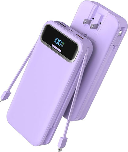 Nusyddy Portable Charger 20000mAh 22.5W w/Built-in Cables & Wall Plug Purp. | 22.5W Fast Charging, High Capacity, LED Display, Charge 5 Devices at once, TSA Approved, Compatible with iPhone/iPad/Samsung