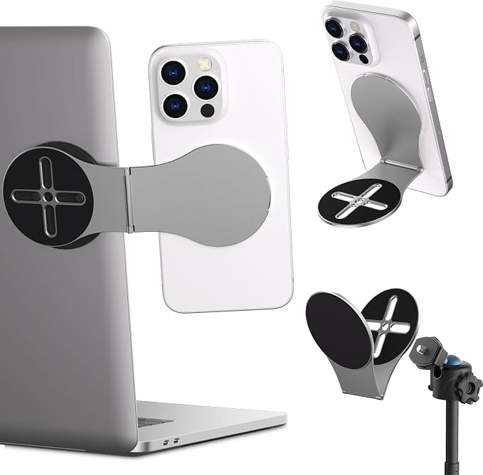Detachable Magnetic Phone Holder for Laptop & Car, Foldable Desk Phone Stand, Adjustable Magnetic Phone Tripod Mount Adapter with 1/4" Screw Design for MagSafe iPhone and All Phones, Gray