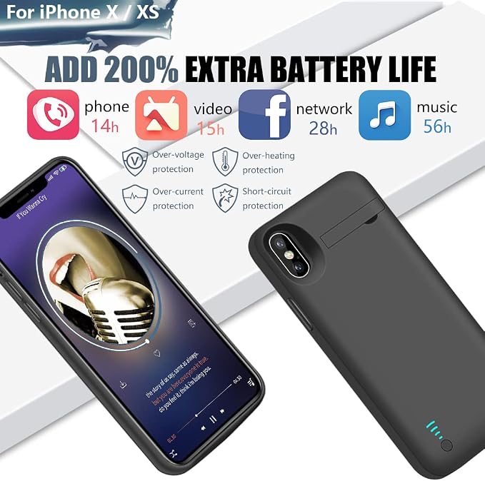 Battery Case for iPhone X & iPhone Xs, 5000mAh Rechargeable Extended Battery Charging Charger Case, Add 2X Extra Juice, Support Wired Headphones (5.8 inch) Black