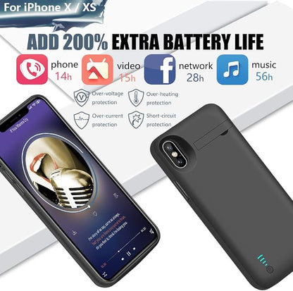 Battery Case for iPhone X & iPhone Xs, 5000mAh Rechargeable Extended Battery Charging Charger Case, Add 2X Extra Juice, Support Wired Headphones (5.8 inch) Black