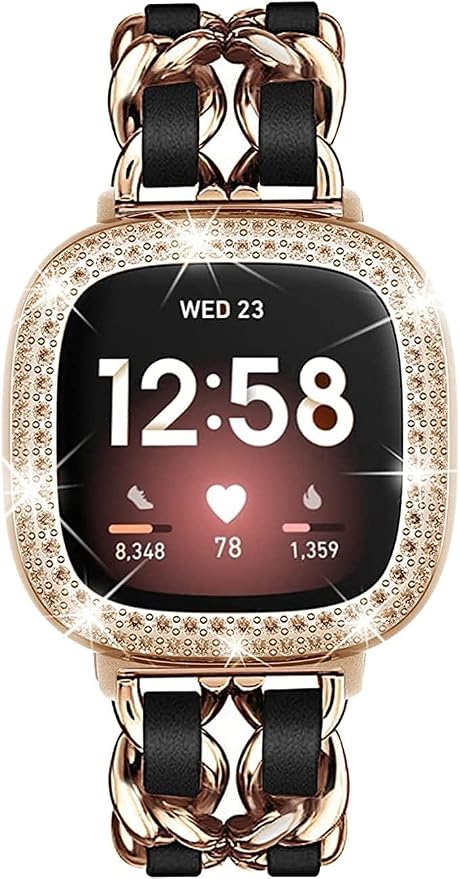 Stainless Steel Bands Compatible for Fitbit Versa 4/Fitbit Sense 2 Smartwatch With Bling Case Cover,Chic Leather Metal Wristband Accessories Strap for Women Bracelet (Rose Gold, Versa 3/Sense)