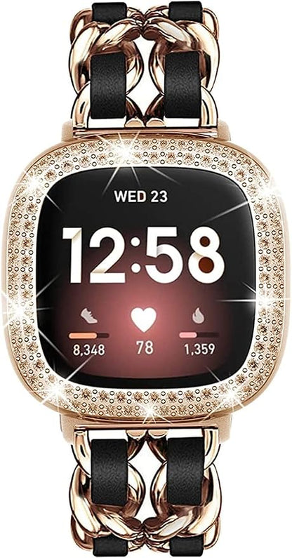 Stainless Steel Bands Compatible for Fitbit Versa 4/Fitbit Sense 2 Smartwatch With Bling Case Cover,Chic Leather Metal Wristband Accessories Strap for Women Bracelet (Rose Gold, Versa 3/Sense)
