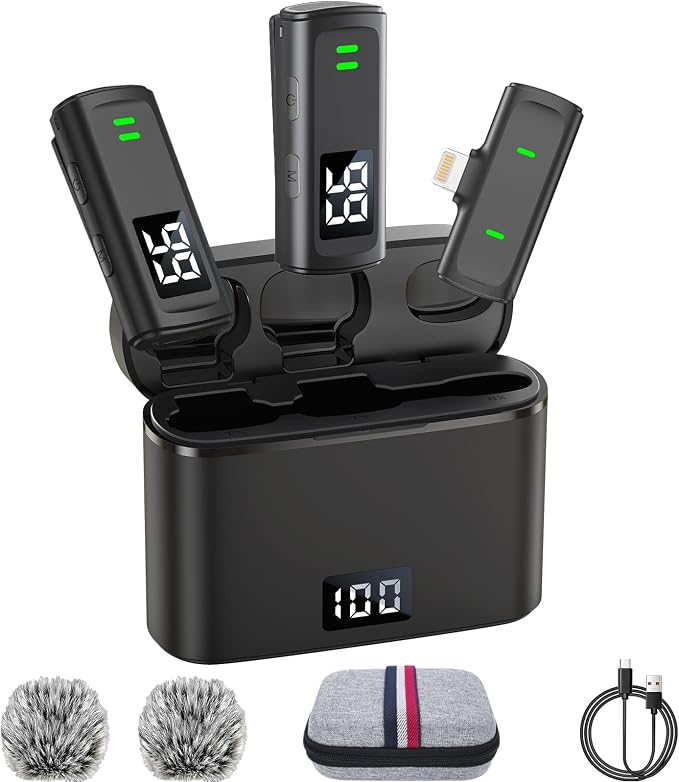 Wireless Lavalier Microphone for iPhone 14/13/12/11, Mini Phone Microphone for Video Recording, Vlogging, Live Streaming with Noise Cancellation, 35H Charging Case, 75FT Transmission