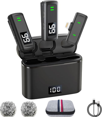 Wireless Lavalier Microphone for iPhone 14/13/12/11, Mini Phone Microphone for Video Recording, Vlogging, Live Streaming with Noise Cancellation, 35H Charging Case, 75FT Transmission