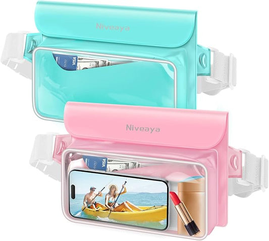 Niveaya IPX8 Waterproof Fanny Pack - 2 Pack, Floating Dry Bag Pouch, Phone Waterproof Waist Pouch Dry Bag, Beach, Kayaking, Swimming, Boat Essentials, for iPhone 17/16/15/14/13/12 Pro Max up to 9.5"