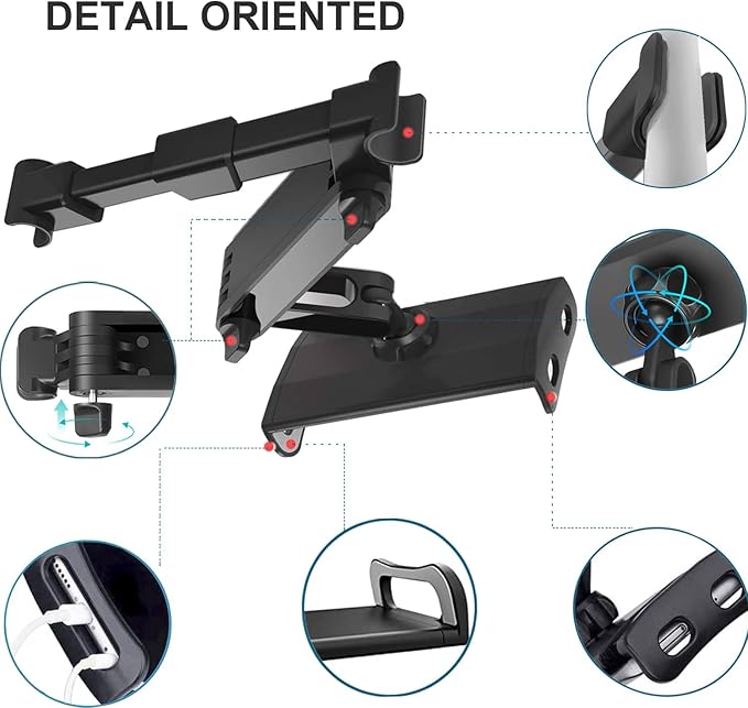 Timewall Car Headrest Tablet Mount, Backseat Seat Universal Cell Phone Holder 360 Swivel Rotating Angle Adjustable Stretchable for iPad iPhone, Samsung, Switch, 5-11" Tablet Phone Black