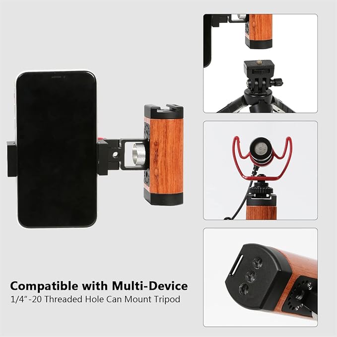 Foldable Smartphone Grip Mount with Wrist Strap, Compatible with 1/4” Standard Screw Selfie Stick for Tripod and Cold Shoe Port for Fill Light and Microphone, Compatible with All Smartphones