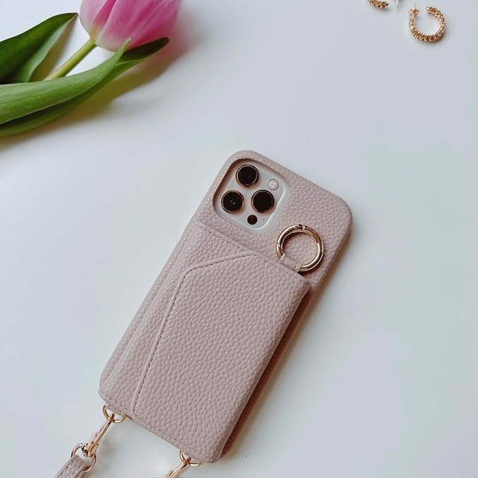 Leather Card Holder Case for iPhone 16 Pro Max with Ring Holder and Crossbody Strap, Beige