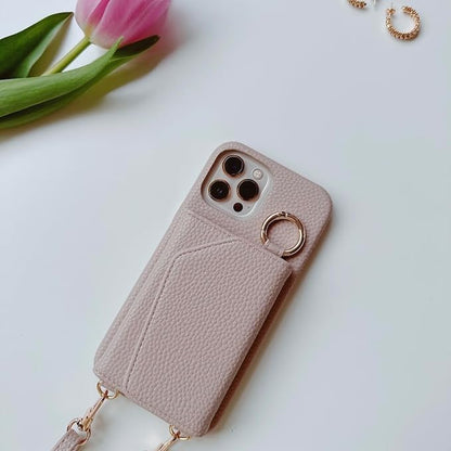 Leather Card Holder Case for iPhone 16 Pro Max with Ring Holder and Crossbody Strap, Beige