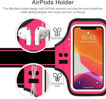 iPhone 17 16 15 Armband with Earphone Holder, JEMACHE Water Resistant Gym Running Workouts Arm Band for iPhone 17 16 15 14 13 12 Pro (Rosy)