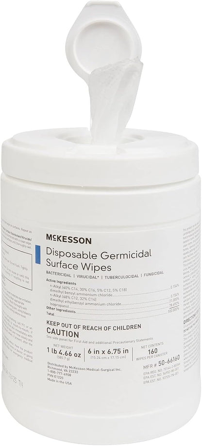 McKesson Germicidal Wipes [1920 Count] Disinfecting Wipes, Alcohol Cleaning Disinfectant Wipes, Hospital Grade Multi-Surface Wipes, 160 Wipes, 12 Pack