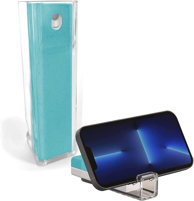 All in One Screen Cleaning Spray with Microfiber and Phone Stand. Cleans and Removes Oil and Dirt from Smartphones, Tablets, LCD, LED Laptop, TV Screens and More (Blue)