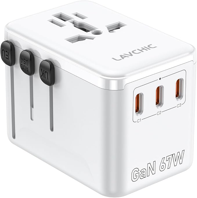 67W GaN Universal Travel Plug Adapter - International Power Adapter with 3 USB C & 1 USB A, Worldwide Power Outlet Travel Essentials for USA to European UK AUS Ireland, Type C/G/I/A (White)