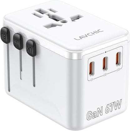 67W GaN Universal Travel Plug Adapter - International Power Adapter with 3 USB C & 1 USB A, Worldwide Power Outlet Travel Essentials for USA to European UK AUS Ireland, Type C/G/I/A (White)