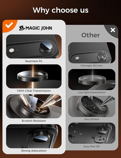 MAGIC JOHN for iPhone Air Camera Lens Protector [Alignment Kit&1:1 Invisible Fit] 9H Aerospace Tempered Glass, Ultra HD, Metal Individual Ring，Case Friendly, Set of 2,Black