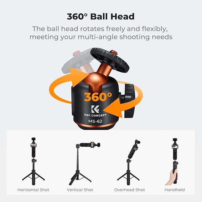 K&F CONCEPT 25.6'' Mini Selfie Stick Tripod Stand, 5 Levels 360° Ball Head Pocket Tripod with Cold Shoe, Small Tripod Compatible with DJI Osmo Pocket 3 Action 5 Pro GoPro Hero13 Smartphone.