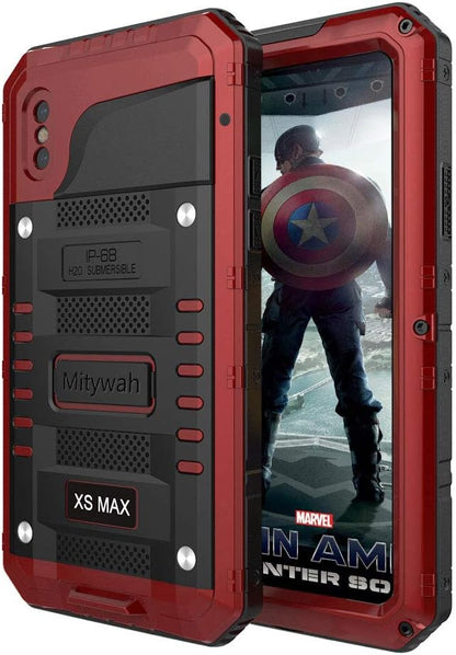 Mitywah Waterproof Case for iPhone Xs MAX, [Heavy Duty ] [Military Grade Defender] Phone Case [Metal] [Full Body Protective] Cover Built-in [Shield Screen Protection] [Shockproof] Armor Case, Red