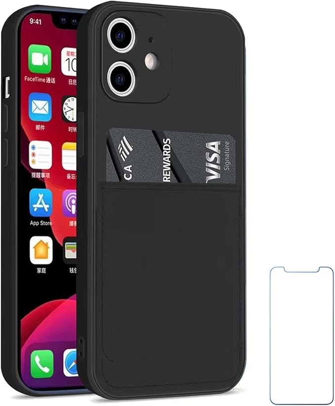 Ultra Slim Liquid Silicon Gel Case Compatible for iPhone 12 mini 5.4 inch 2020 with Card Holder Sleeves Slot Anti-Scratch Shockproof Wallet Cover with Screen Protector (Black)