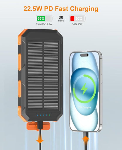 Solar Charger Power Bank 38800mAh, PD 22.5W USB-C Fast Charging Portable Charger with 4 Built-in Cables, External Battery Pack with Dual LED Emergency Flashlights for Camping, Hiking, Outdoor Use