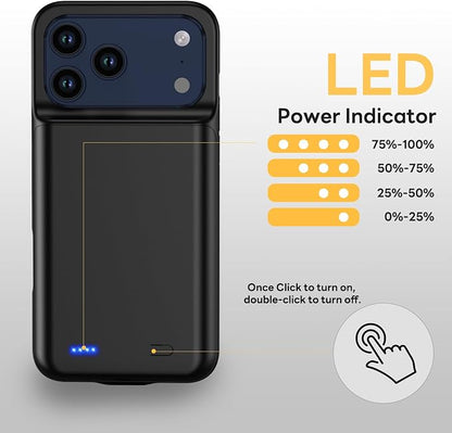 Battery Case for iPhone 17 Pro, Ultra-Slim 7000mAh Portable Extended Charging Charger Case, Rechargeable Battery Pack with Tempered Glass Screen Protector Glass Film for iPhone 17 Pro (6.3 inch)-Black