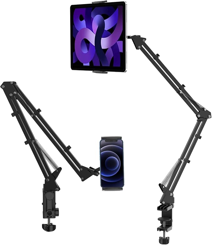 ULANZI T2 Adjustable Tablet Holder for Desk, Carbon Steel Tablet Phone Stand for Bed, Flexible Tablet Arm Clamp Compatible with iPhone 17 16 15 Pro iPad Kindle Galaxy Tab 4.6-12.9 Inch Devices