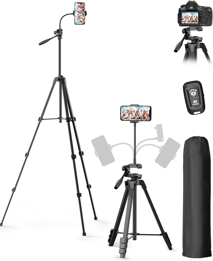 EMART 61’’ Phone Tripod Stand with Flexible Gooseneck, Portable Tripod for iPhone and Camera, Overhead Cellphone Holder with Remote for iPad Tablet Cooking Video Youtuber Vlogging Recording