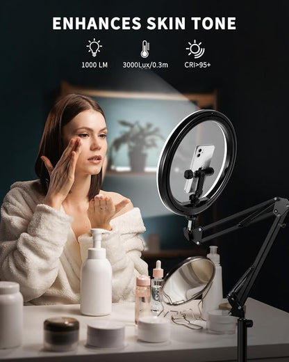 12" Overhead Phone Mount with Ring Light, 360° Circle Light - CRI >95 & Adjustable 72" Height, Phone Ring Light for Photography,Live Streaming, Cooking and Content Creation