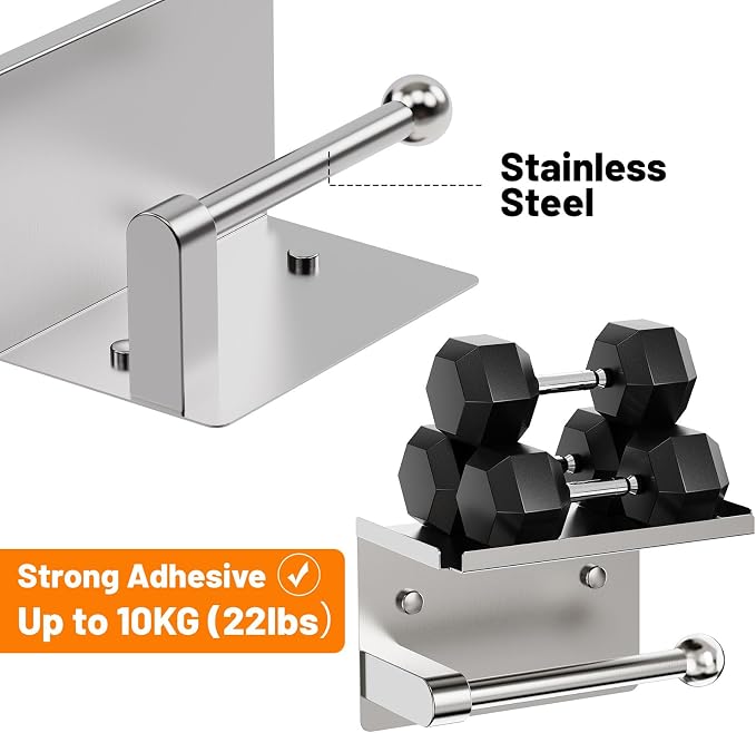 Matte Silver Toilet Paper Holder with Shelf, Wall Mount, Rustproof Stainless Steel, Fits Double Rolls, No-Drill Adhesive or Screw Mount for Bathroom, Kitchen, RV