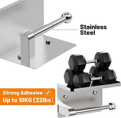 Matte Silver Toilet Paper Holder with Shelf, Wall Mount, Rustproof Stainless Steel, Fits Double Rolls, No-Drill Adhesive or Screw Mount for Bathroom, Kitchen, RV