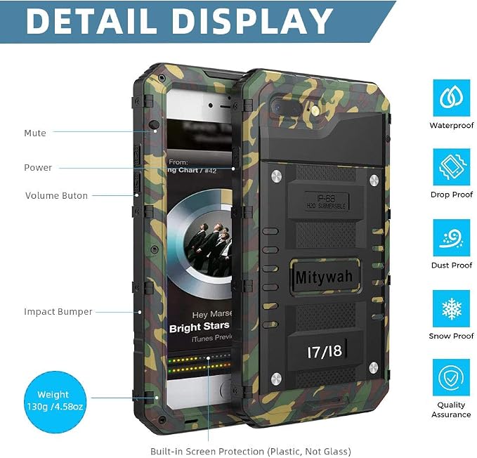 Mitywah Waterproof iPhone 7/8 Case - Heavy Duty Metal, Full Body Protection, Built-in Screen, Shockproof, Dustproof, Military Grade Defender, Camouflage