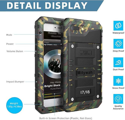 Mitywah Waterproof iPhone 7/8 Case - Heavy Duty Metal, Full Body Protection, Built-in Screen, Shockproof, Dustproof, Military Grade Defender, Camouflage