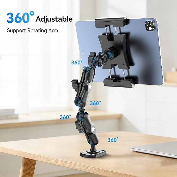 OHLPRO Heavy Duty Drill Base Tablet Mount for Car & Truck Dashboard Holder with 360° Adjustable 3-Stage Arm for 5-13" iPads Tablets & Phones Kindle, Mounting for Commercial Vehicles Boat Wall Desk
