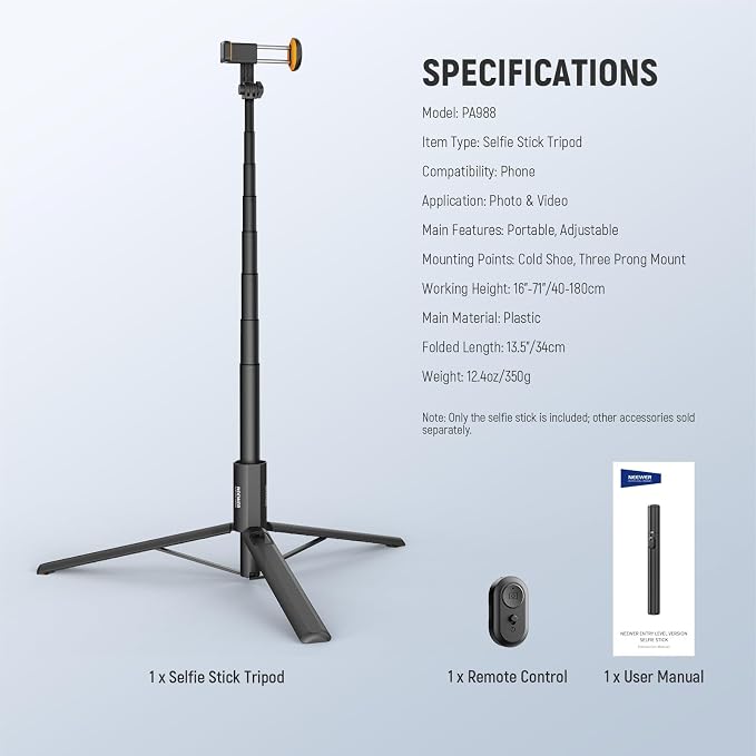 NEEWER Entry Level Version 16-71" Selfie Stick Tripod Compatible with iPhone Android, Portable Cell Phone Travel Stand Camera Holder with Remote for TikTok Video Recording Streaming Filming, PA988