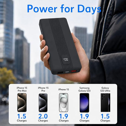 10000mAh Portable Charger with 4 Built-in Cables, 22.5W Fast Charging Power Bank, LED Display, Slim Travel Battery Pack for iPhone 17/16/15/14, Samsung Galaxy, iPad & More