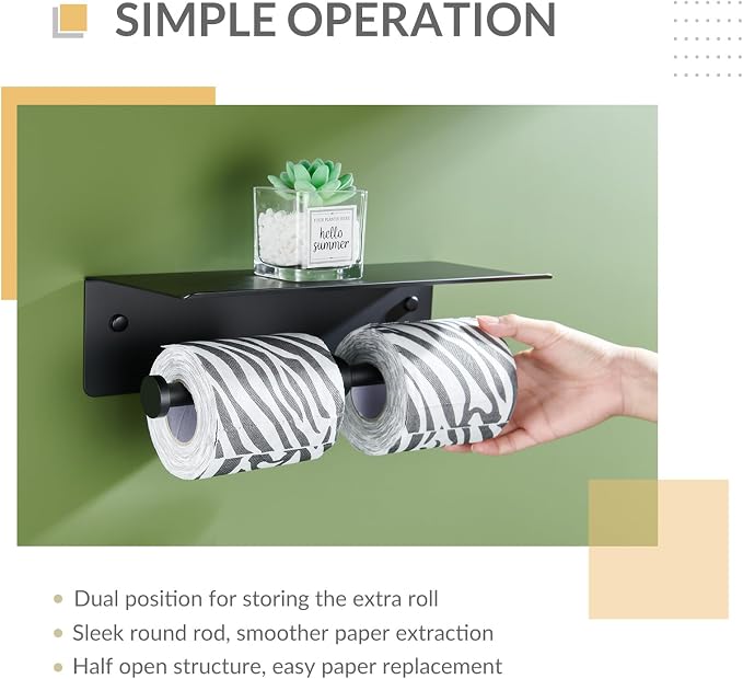 Toilet Paper Holder with Phone Shelf, APLusee SUS 304 Stainless Steel Bathroom Tissue Holder, Double Roll Paper Dispenser Wall Mounted, Matte Black