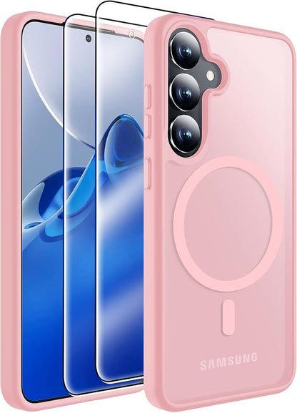 MOZOTER for Samsung Galaxy S25 Plus Case with Magnetic,[Compatible with MagSafe][12Ft Military Dropproof][2*Screen Protector] Translucent Anti-Slip Back Slim Shockproof Case for S25 Plus,6.7"-Pink