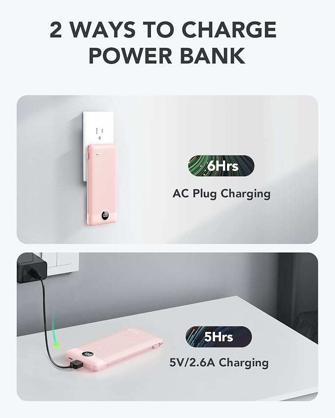VRURC Portable Charger, Power Bank Built-in Cables and AC Wall Plug | USB C Power Bank 10000mAh Travel Essentials Phone Charger Compact External Battery Pack For Smart Phones, Tablets etc-Pink