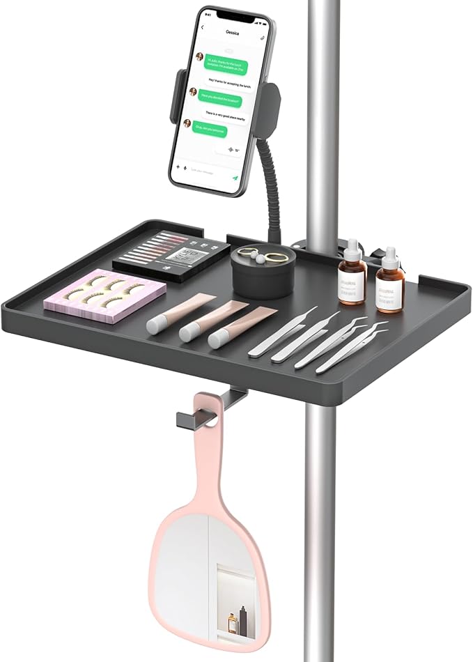 Adjustable Lash Tray Holder for Ring Light Tray– Clip-On Organizer Stand with Phone Holder & Mirror Hook to Put Eyelash Extension Supplies, Perfect for Lash Techs & Salon or Home Use
