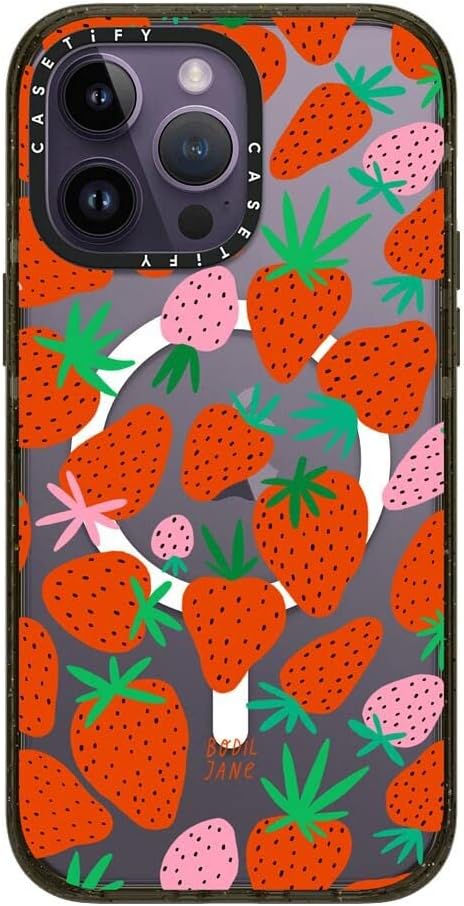 CASETiFY Impact iPhone 14 Pro Max Case [4X Military Grade Drop Tested / 8.2ft Drop Protection/Compatible with Magsafe] - Strawberries - Glossy Black