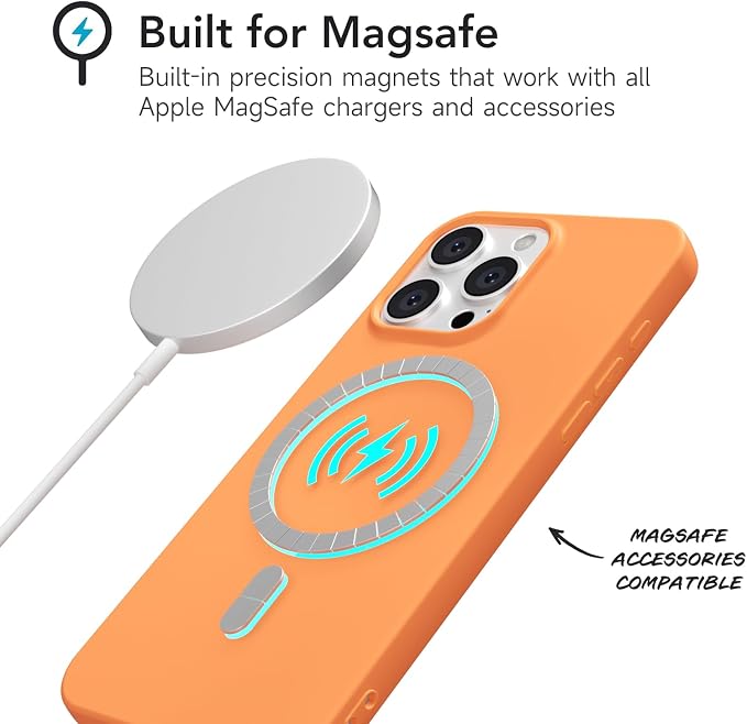for iPhone 15 Pro Max Case Silicone Compatible with Magsafe Case, Ultra Slim Thin Magnetic Phone Cases Mag Safe, Cute Soft Rubber Gel Matte Plain Wireless Charging Cover for Women, Neon Orange