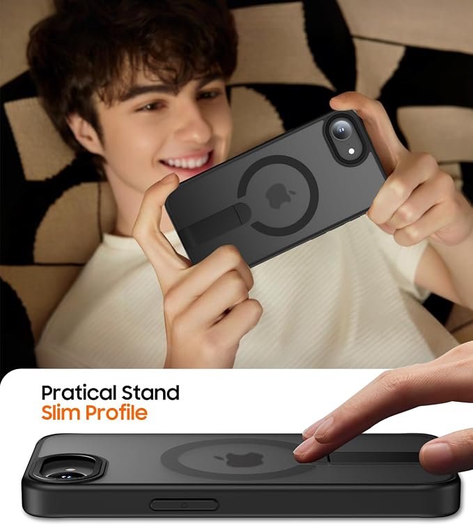 for iPhone 16e Case with Stand, Fit for MagSafe, Slim Translucent Matte Military-Grade Drop Protection Magnetic Kickstand Phone Cover, Black