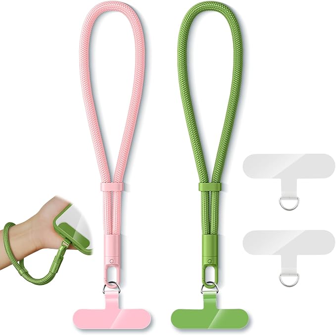 KITANIS 2 Pack Phone Lanyard,2×Phone Wrist Strap,4×Tether Tabs,Universal Cell Phone Multifuctional Patch Polyester Lanyards,Cell Phone Hand Strap for Women and Men(pink+green)