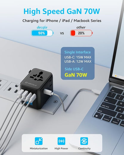 “Pro” Universal Travel Adapter 3 USB-C＆ 2 USB-A Cover 200+ Countries | GaN 70W, International Plug Adapter, All in One Portable Adapter, NOT A Voltage Converter, for USA, UK, EU, AU (Black)