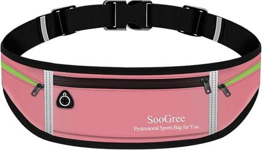 SooGree Slim Running Belt Sport Fanny Pack for Women Men,Reflective Waist Pack Runner Pouch Belt, Zipper Waterproof Running Phone Holder Jogging Pouch for Phone Money (GSP8806 Pink)
