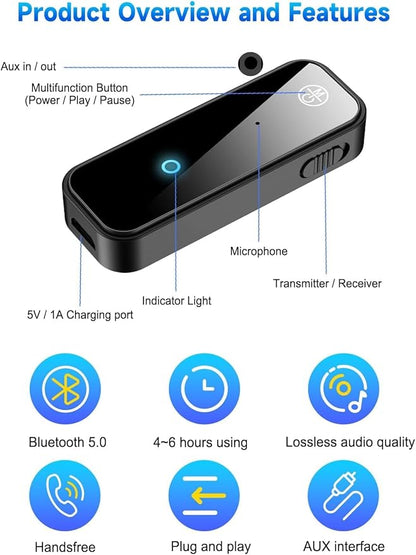 Bluetooth 5.4 Adapter 3.5mm Jack Aux Dongle, 2-in-1 Wireless Transmitter Receiver for Car,TV Audio,Headphones,Speakers,Projector.