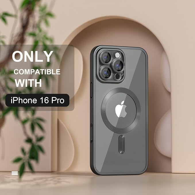 Misea Magnetic for iPhone 16 Pro Case Compatible with MagSafe [Never Yellowing] [Military Grade Drop Protection] Full Camera Lens Protector Plating Soft Clear Phone Case for Women, Titanium Black