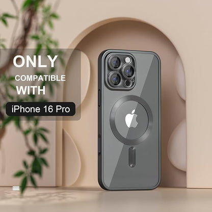 Misea Magnetic for iPhone 16 Pro Case Compatible with MagSafe [Never Yellowing] [Military Grade Drop Protection] Full Camera Lens Protector Plating Soft Clear Phone Case for Women, Titanium Black